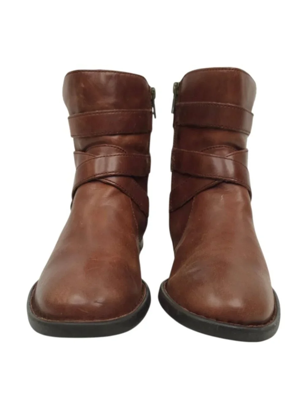 Born Ankle Boots 7.5 Strappy Multi Buckle Side Zip Brown Leather Booties Moto